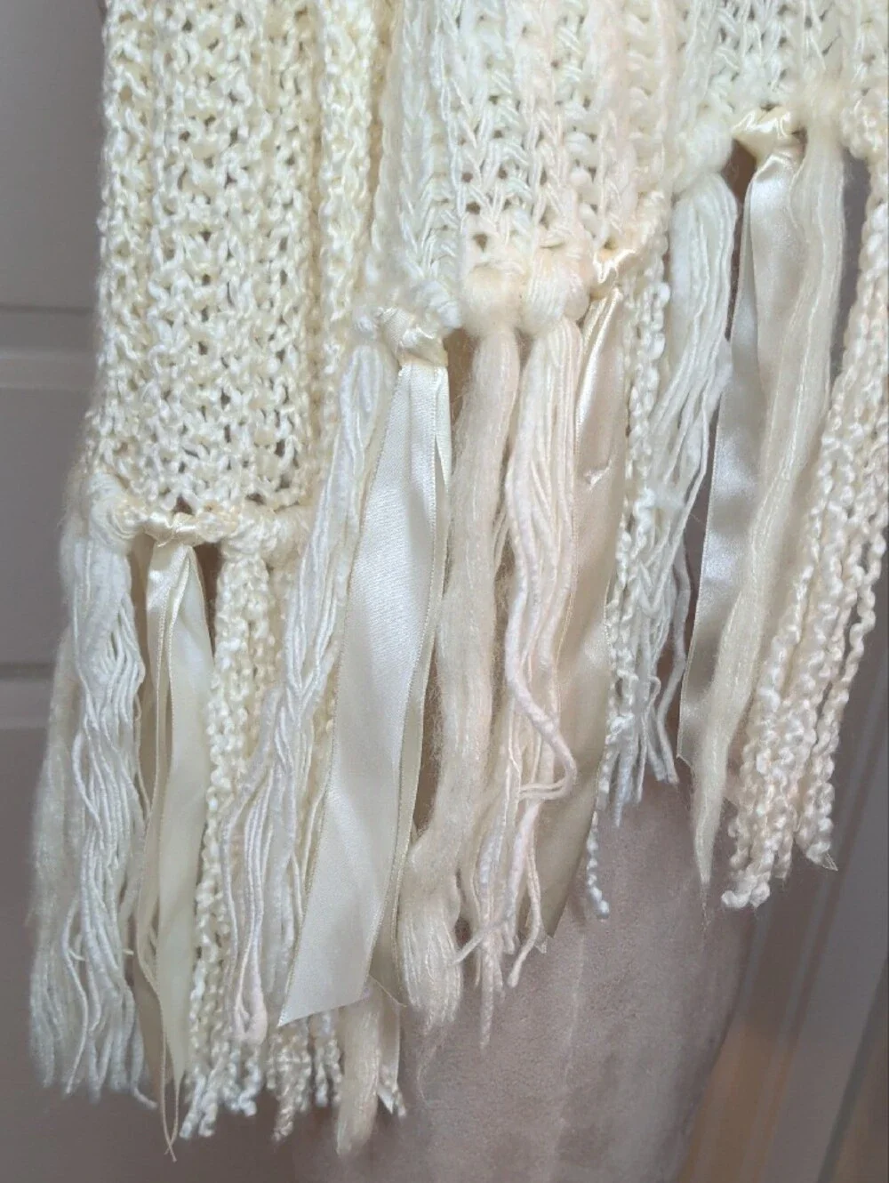 Vintage 70s Crochet Ivory Scarf Fringe & Ribbon Trim Cozy Boho Winter 82